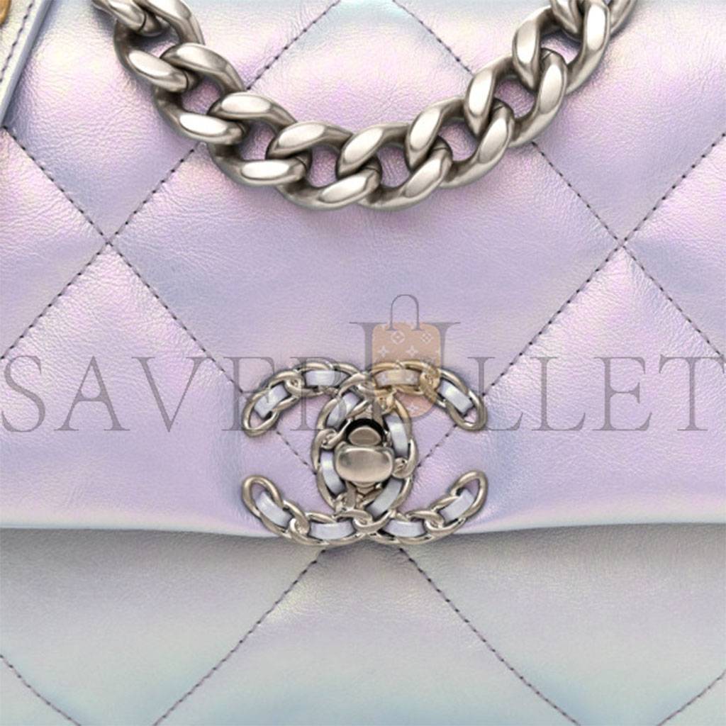 CHANEL IRIDESCENT CALFSKIN QUILTED MEDIUM CHANEL 19 FLAP LIGHT SILVER PURPLE BLUE AS1160  (26*17*8cm)